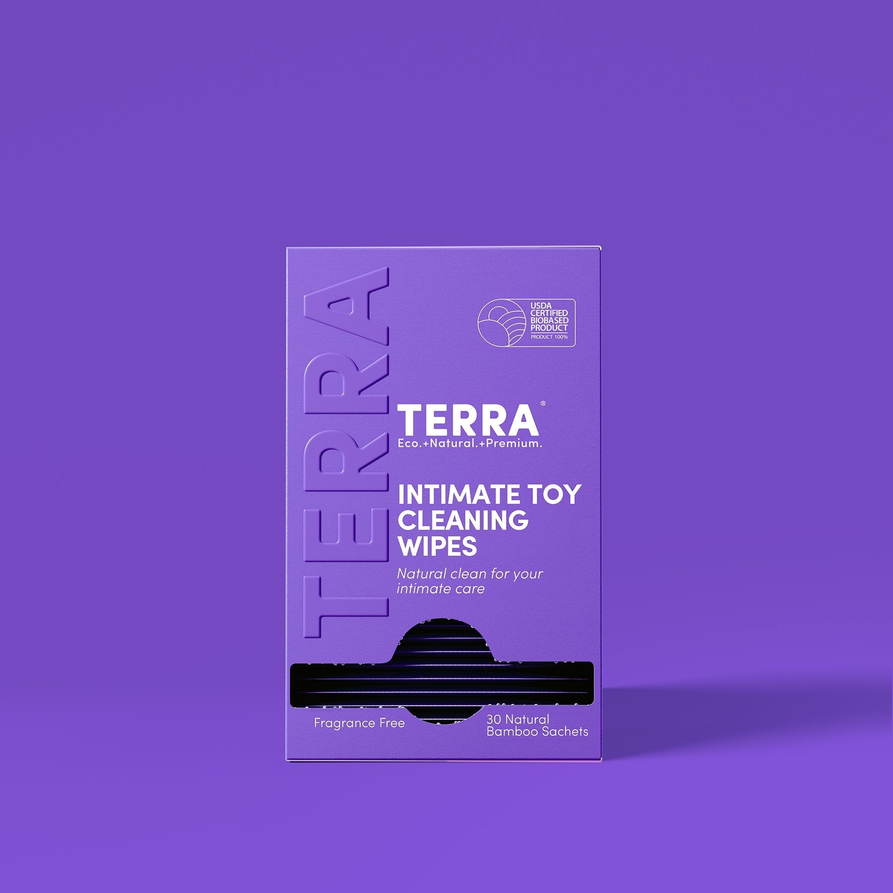 Terra intimate toy cleaning wipes packaging on a purple background